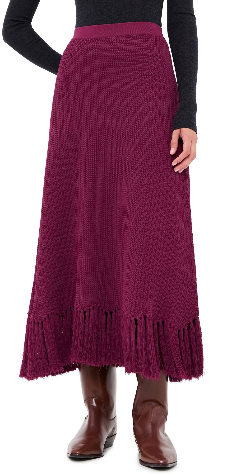 English Factory Fringe Detailed Midi Skirt Burgundy XS
