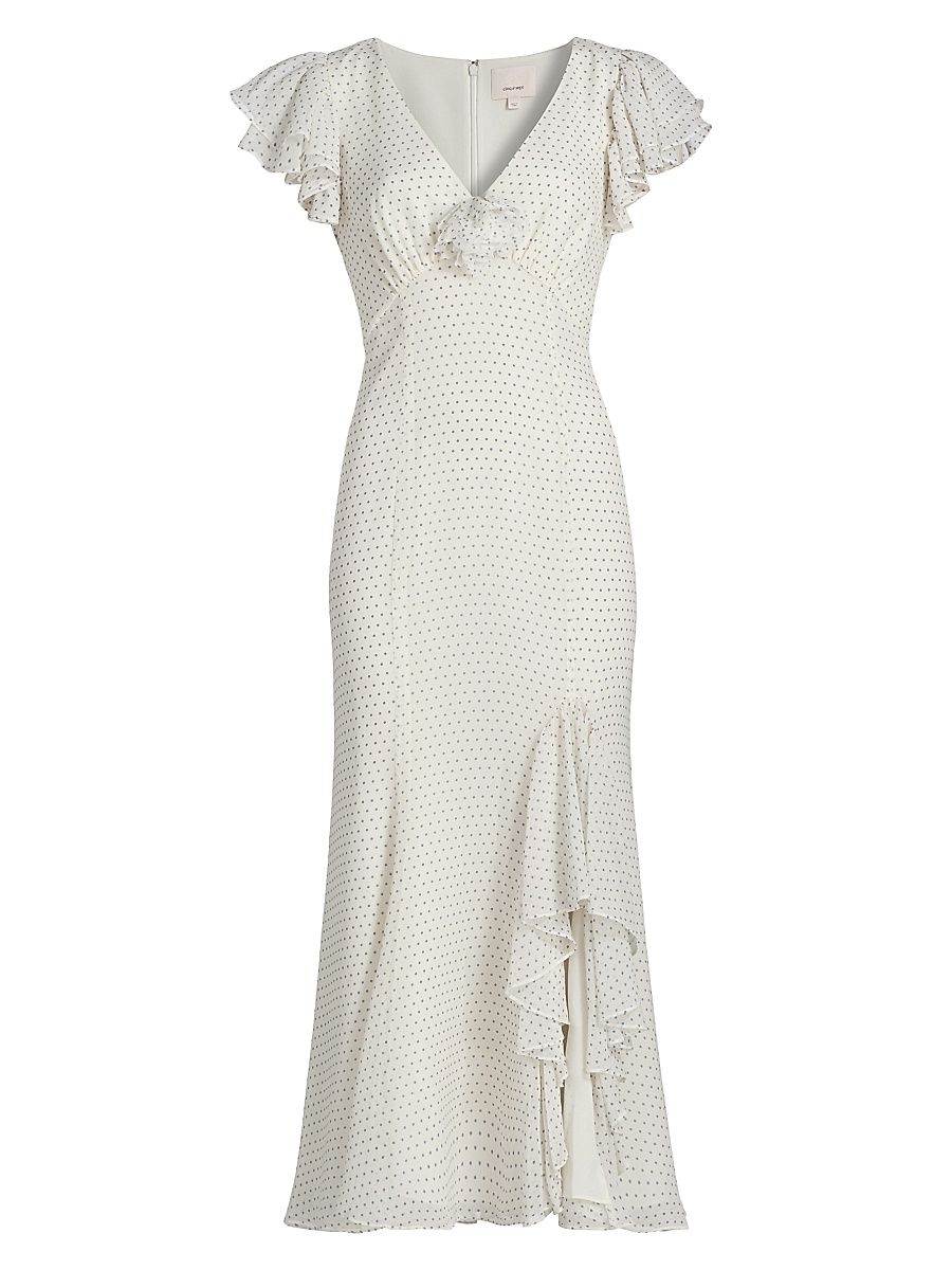 Women's Talia Polka Dot Ruffled V-Neck Midi-Dress - Ivory Twilight Bay - Size 8