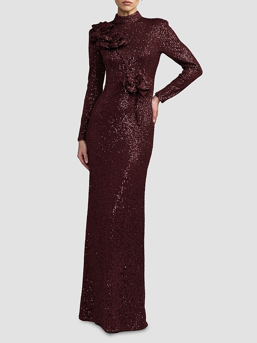 Women's Floral Sequined Mock Turtleneck Gown - Mahogany - Size 2