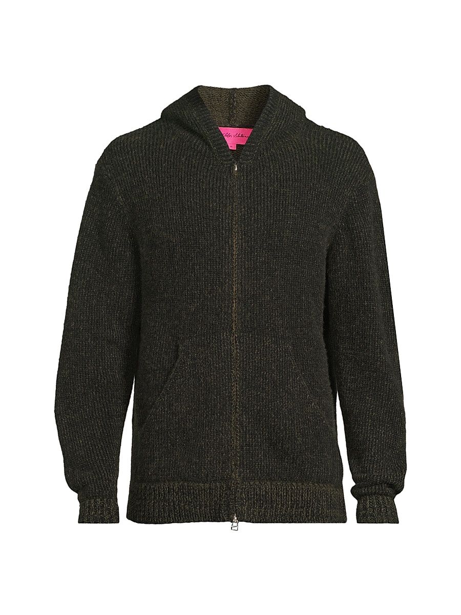 Men's Rib-Knit Cashmere Zip Hoodie - Black New Olive - Size Large