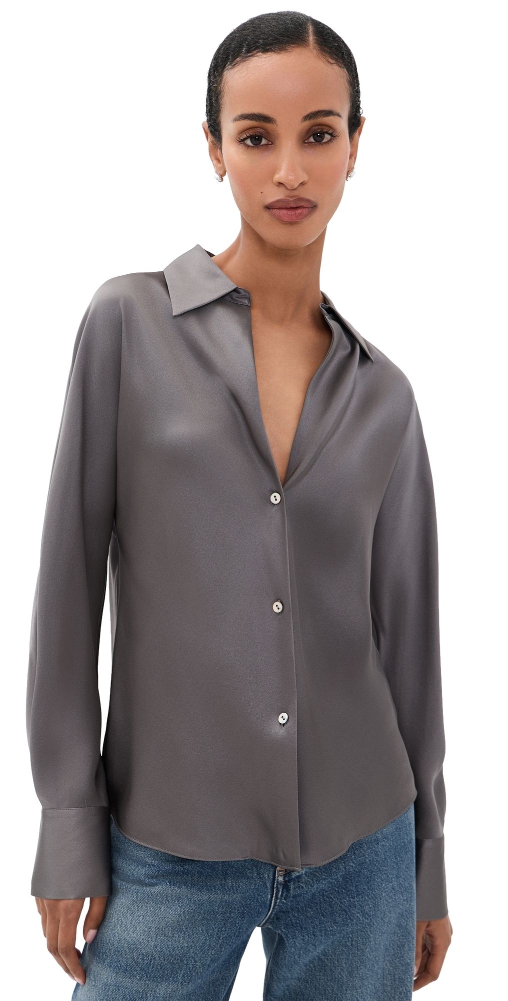 Vince Bias Silk Button Down Shirt Wolf L