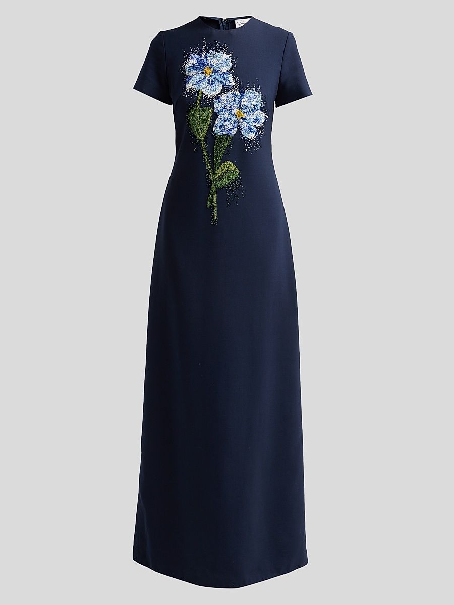 Women's Floral Beaded Chine Embroidered Caftan - Navy - Size XL