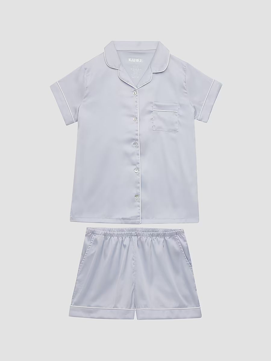 Girl's Olivia Satin Lounge Shirt & Shorts Set - Baby Blue And White - Size 14