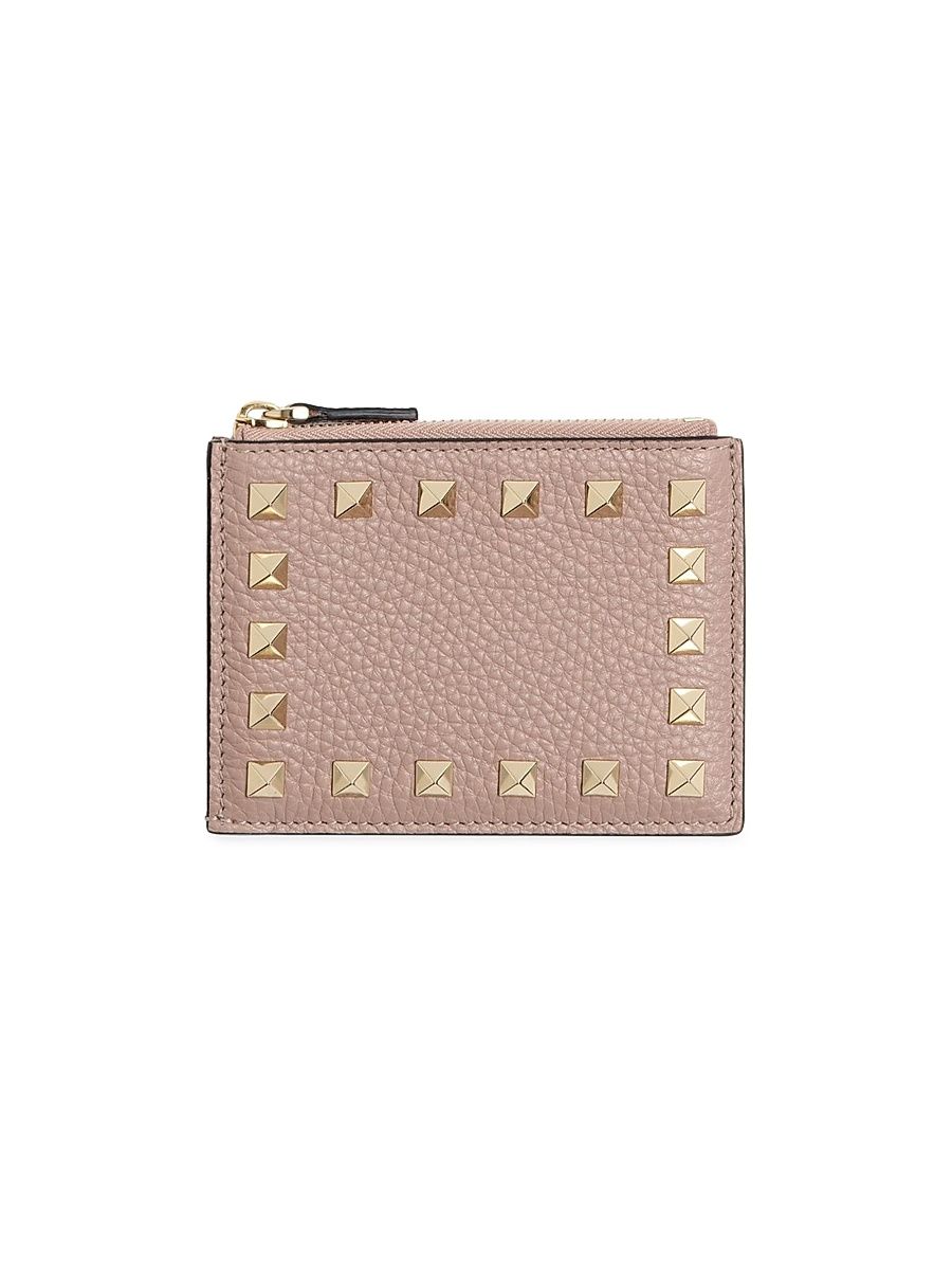 Women's Rockstud Grainy Calfskin Cardholder with Zipper - Poudre
