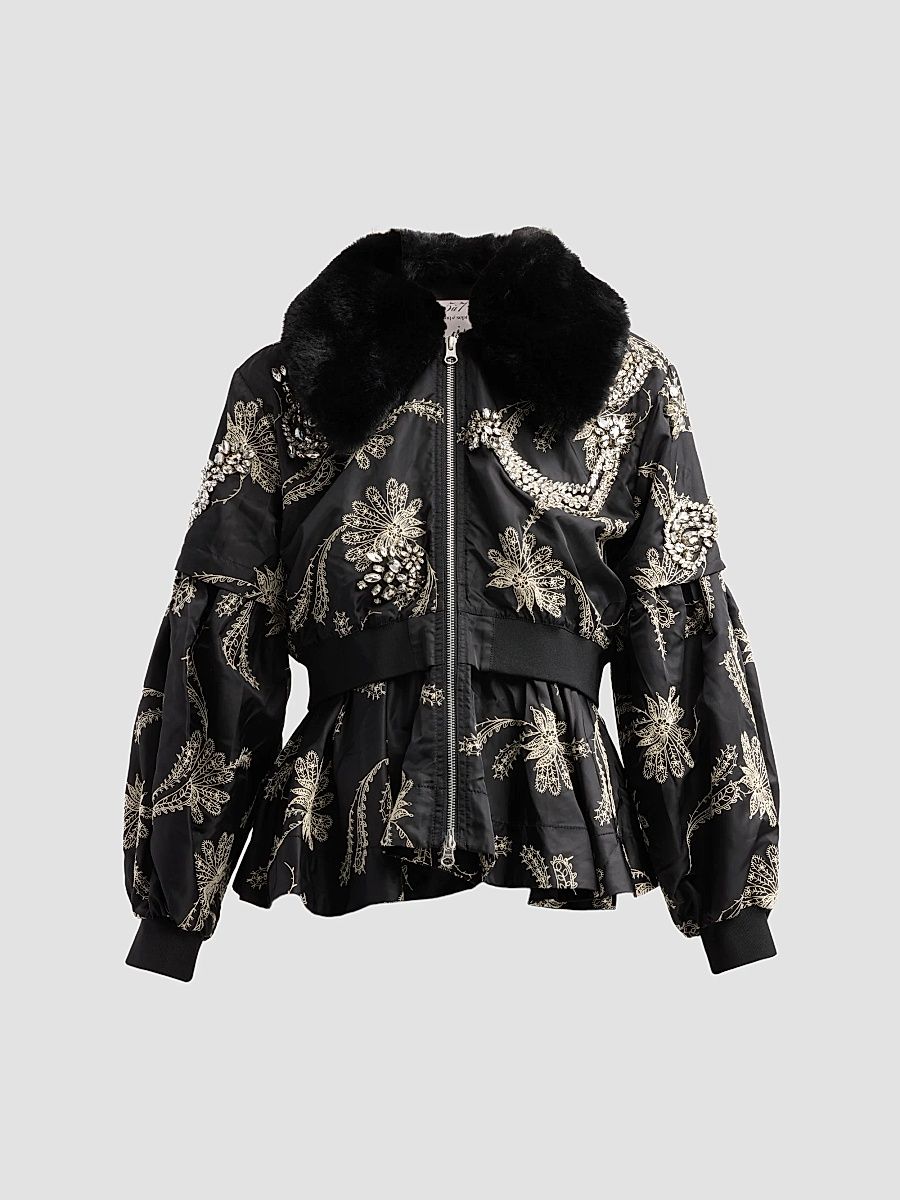 Women's Armelle Paisley Embroidered Embellished Jacket - Black Gardenia - Size XL