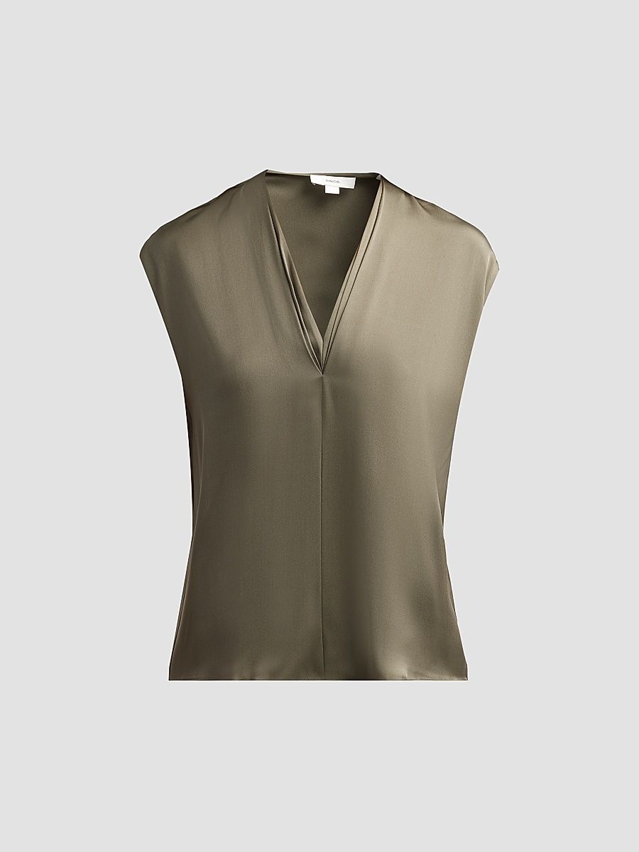 Vince Women's Double V-Neck Silk-Blend Top - Peg Pine Grove - Size XS