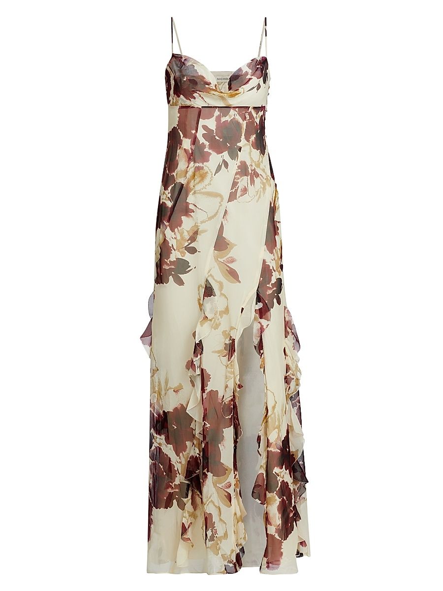Women's Kamila Ruffled Floral Silk Gown - Water Colour Floral Ivory - Size 4
