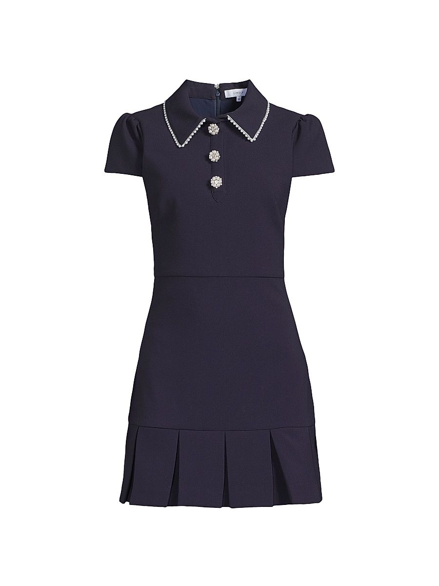Women's Bettina Embellished Pleated-Hem Minidress - Navy - Size 12