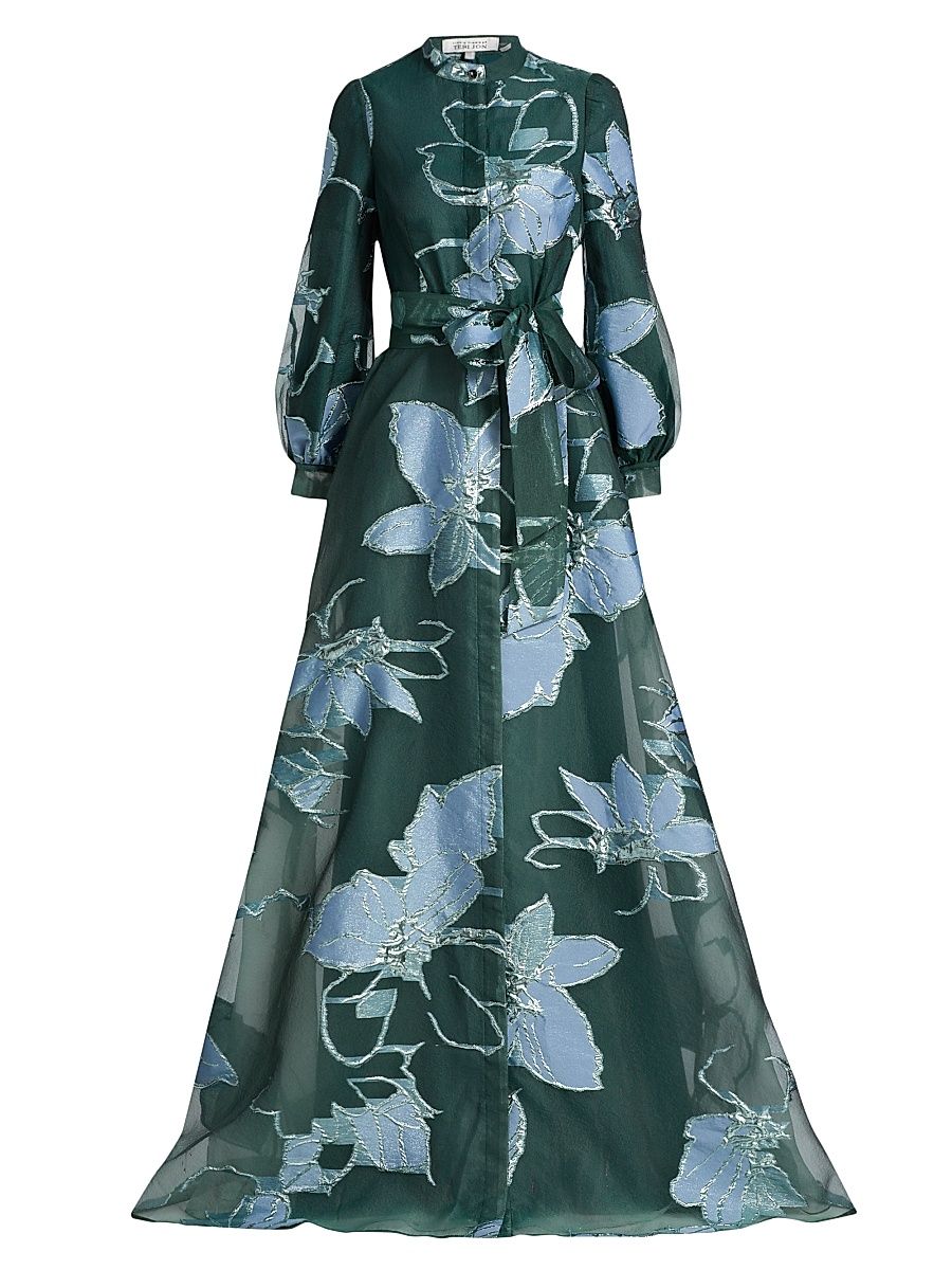 Women's Metallic Floral Jacquard Gown - Green Blue - Size 10