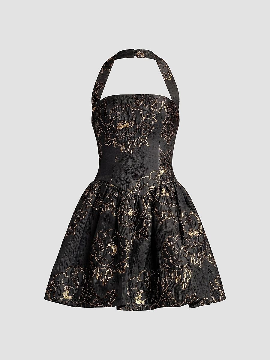 Women's Lyssa Textured Brocade Mini Dress - Black Gold - Size Small