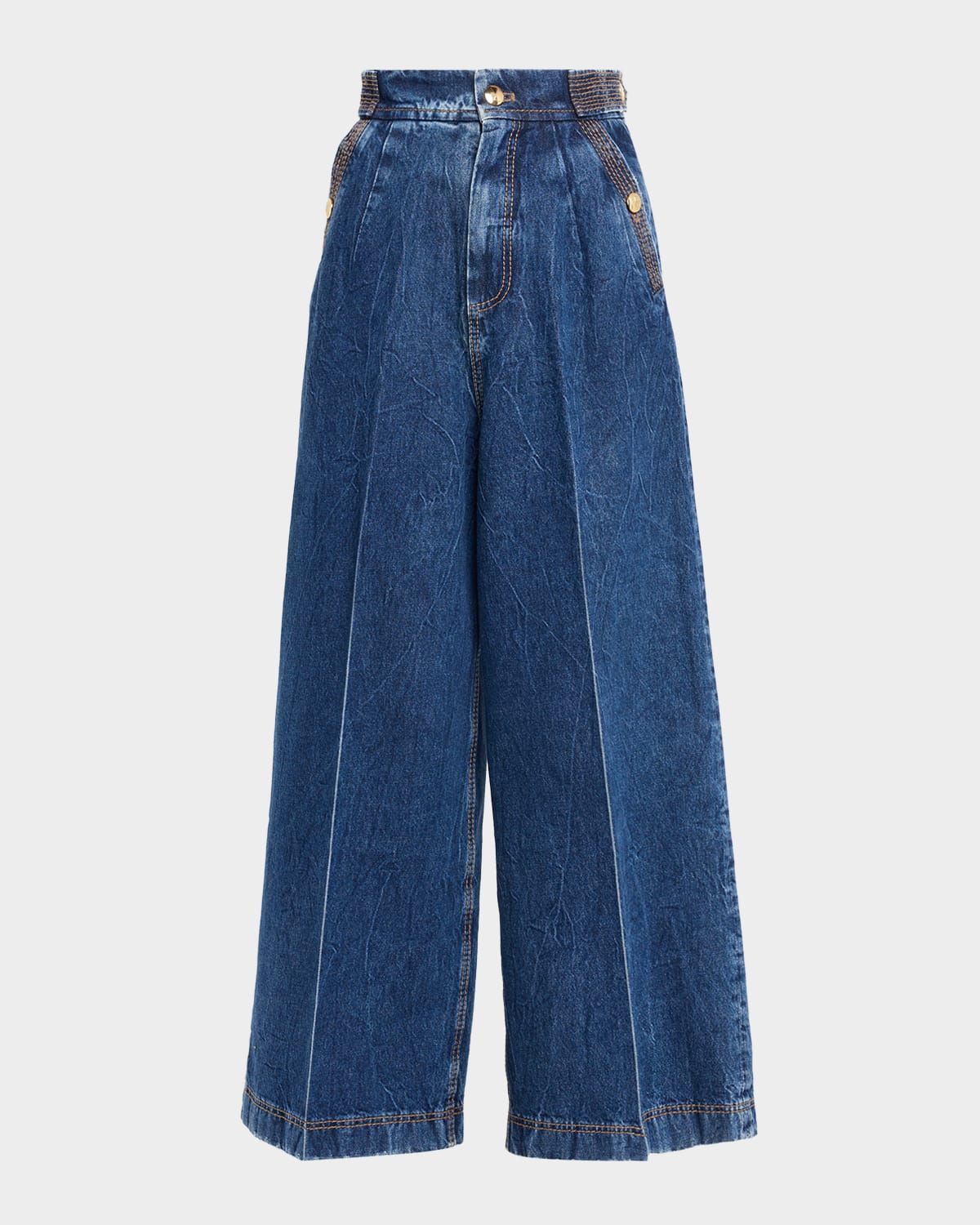 High-Rise Button-Tab Wide-Leg Denim Pants