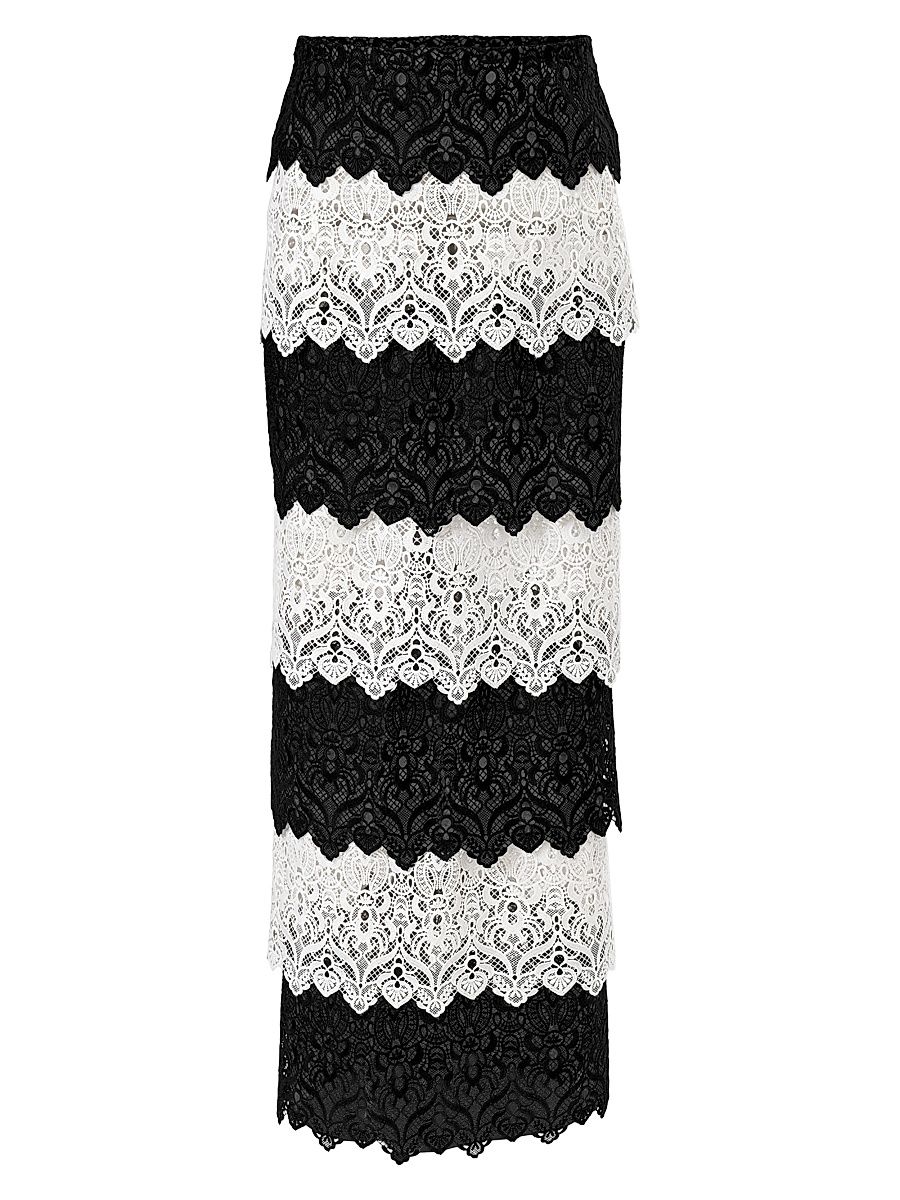Women's Striped Lace Maxi Pencil Skirt - Black White - Size 10