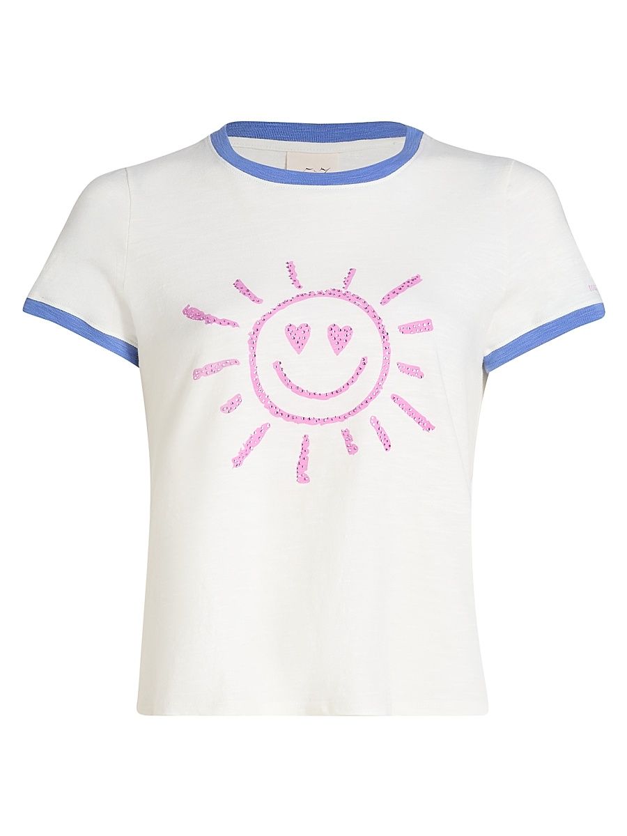 Women's Rhinestone Smiling Sun Shrunken Ringer T-Shirt - Cream Ultramarine - Size XL
