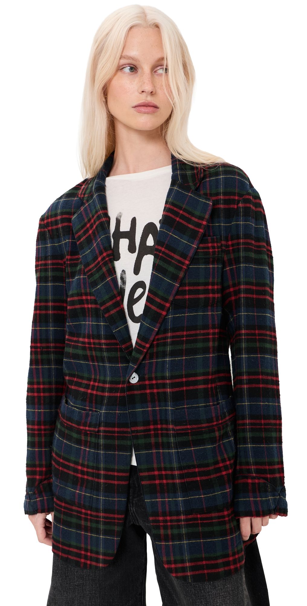 R13 Ragged Blazer Navy Green Red Plaid L