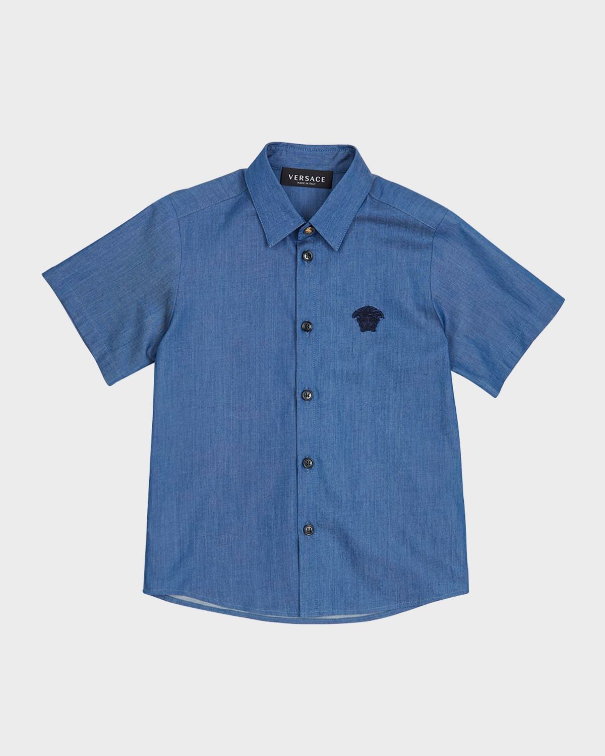 Boy & apos;s Chambray Medusa Embroidered Short-Sleeve Shirt, Size 8-14
