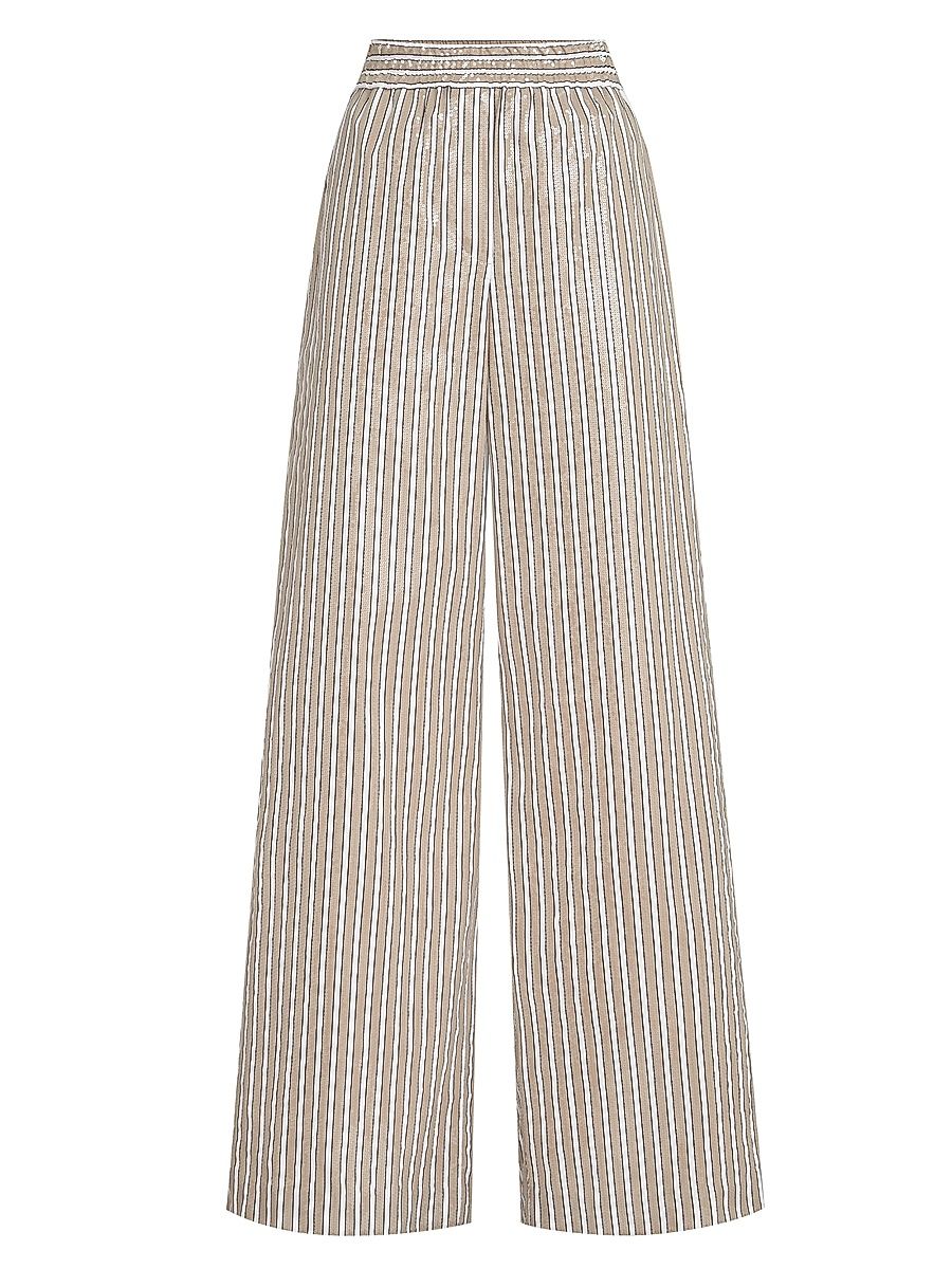 Women's Dazzling Stripes Pajama Style Trousers in Cotton Poplin - Beige - Size 10