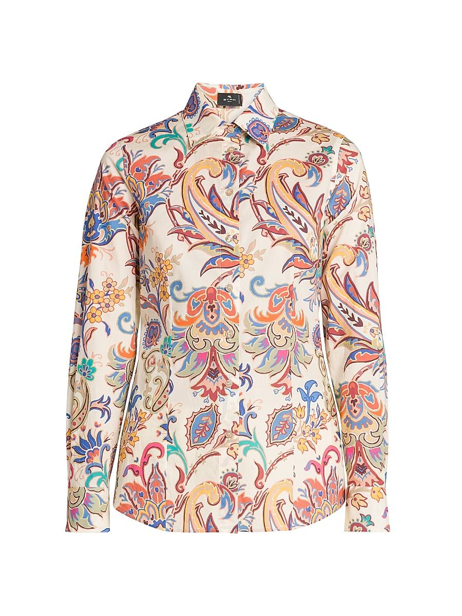 Women's Tapestry Floral Stretch Cotton Long-Sleeve Shirt - Stampa Bianco - Size 0
