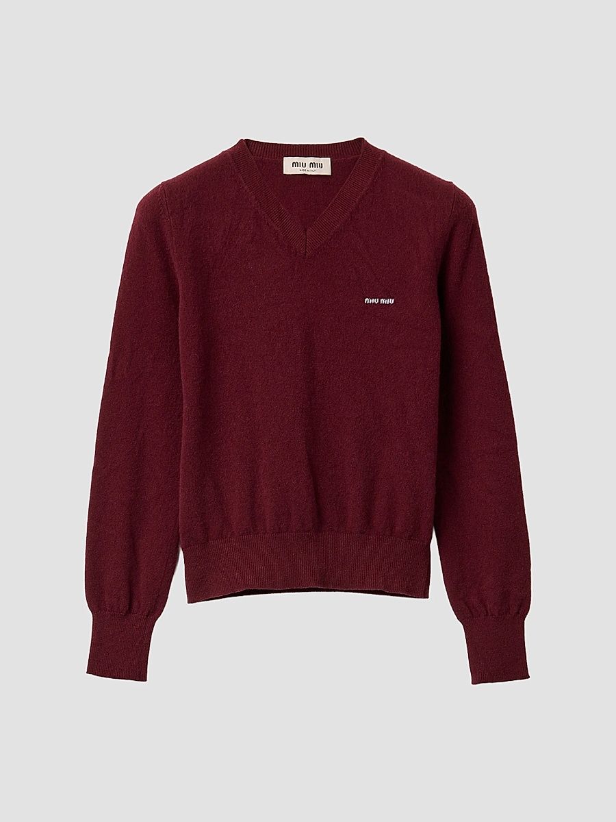 Women's V-Neck Wool Cardigan - Dark Red - Size 6