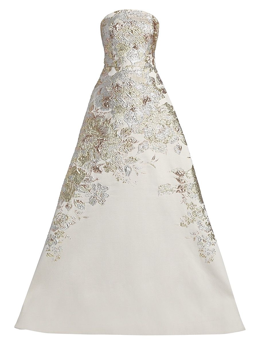 Women's Strapless Metallic Jacquard A-Line Gown - Beige Multi - Size 12