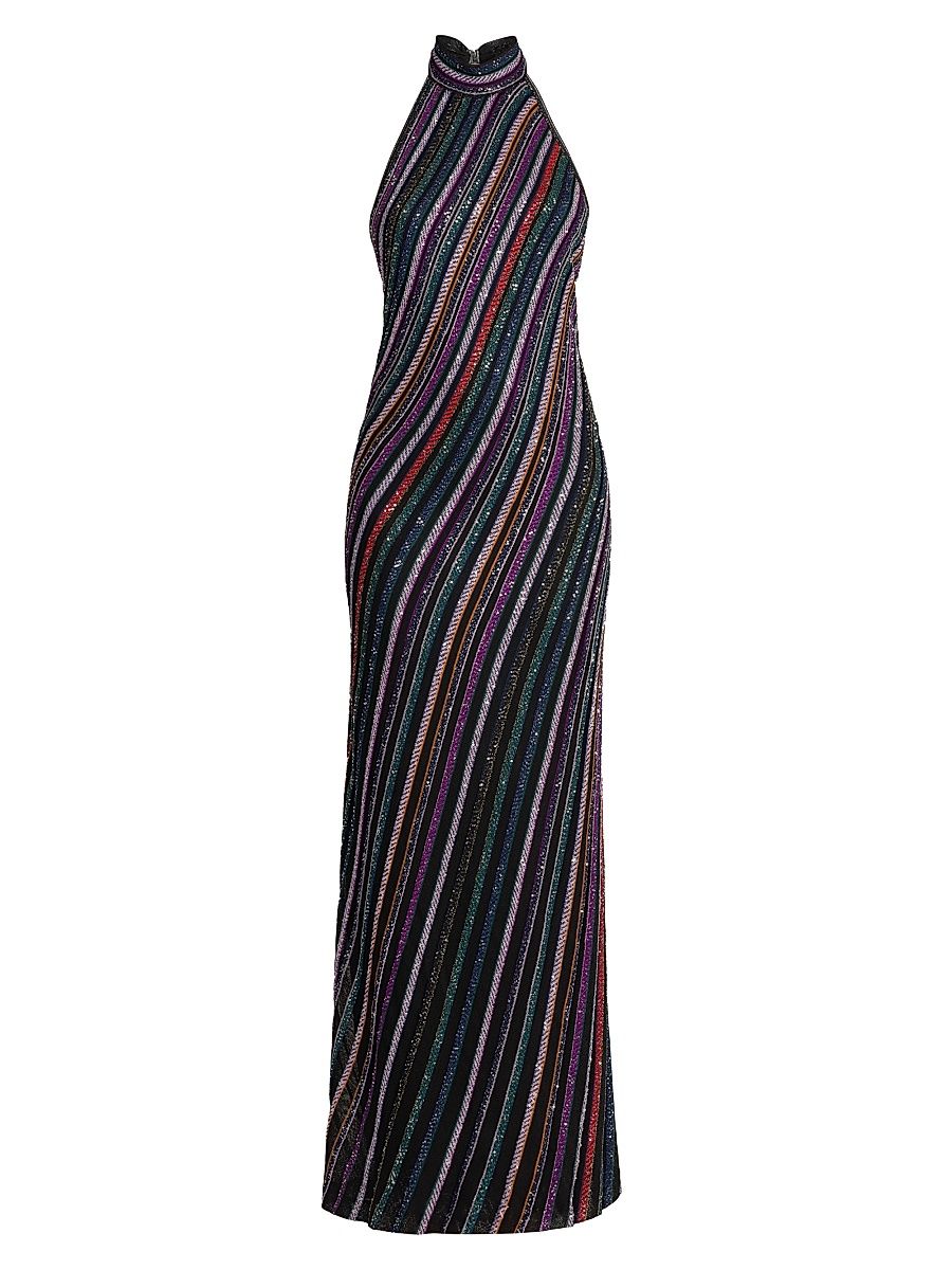 Women's Metallic Striped Knit Open-Back Gown - Multicolor Orange Purple - Size 10