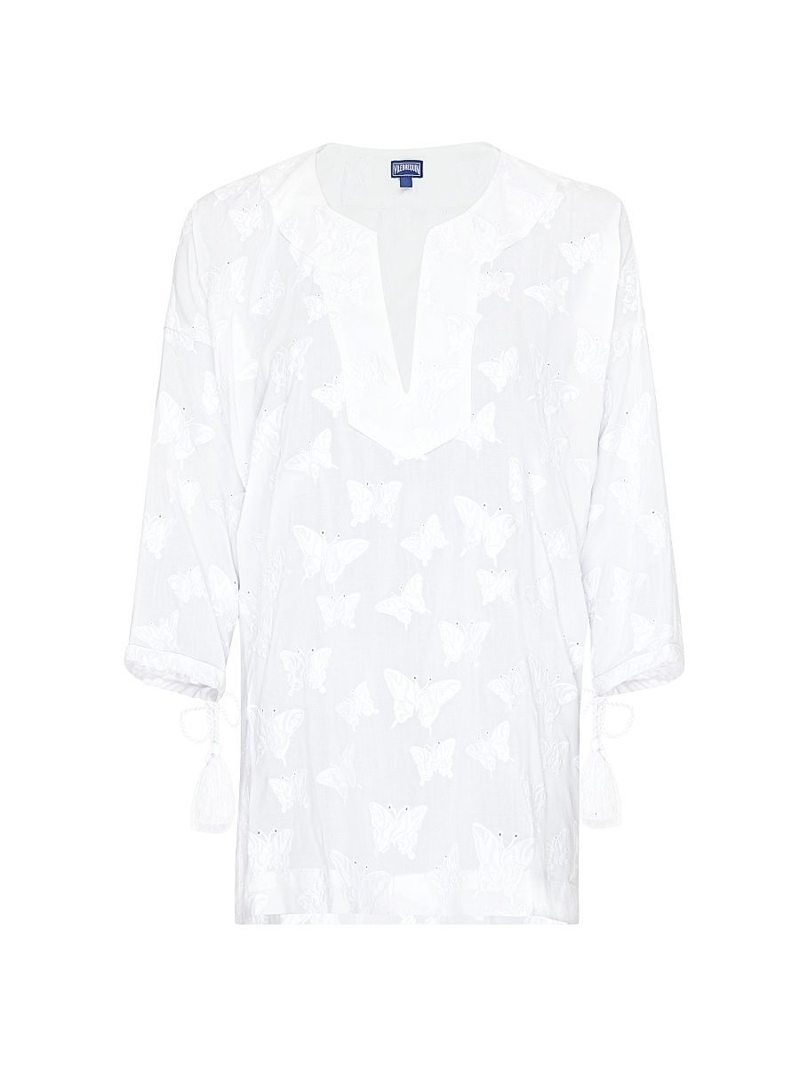 Women's Butterfly-Embroidered Swim Cover-Up Minidress - Blanc White - Size Medium