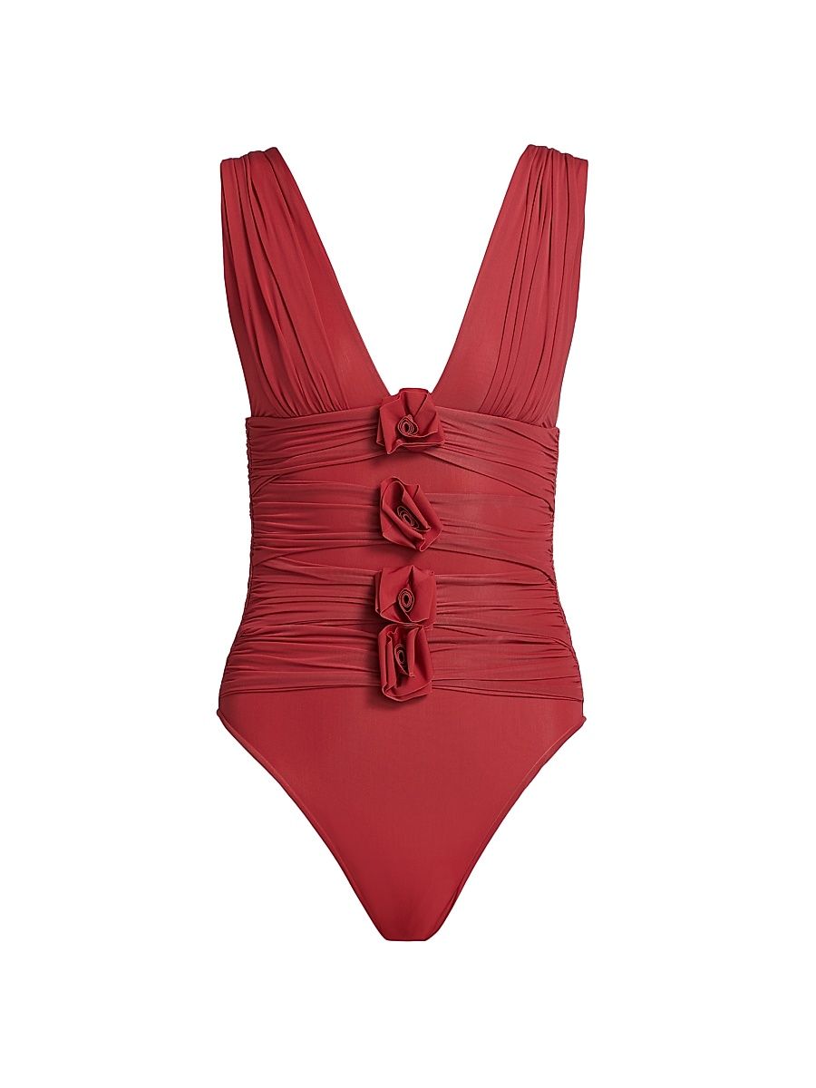 Women's Nispero Ruched Rosette One-Piece Swimsuit - Crimson - Size 2