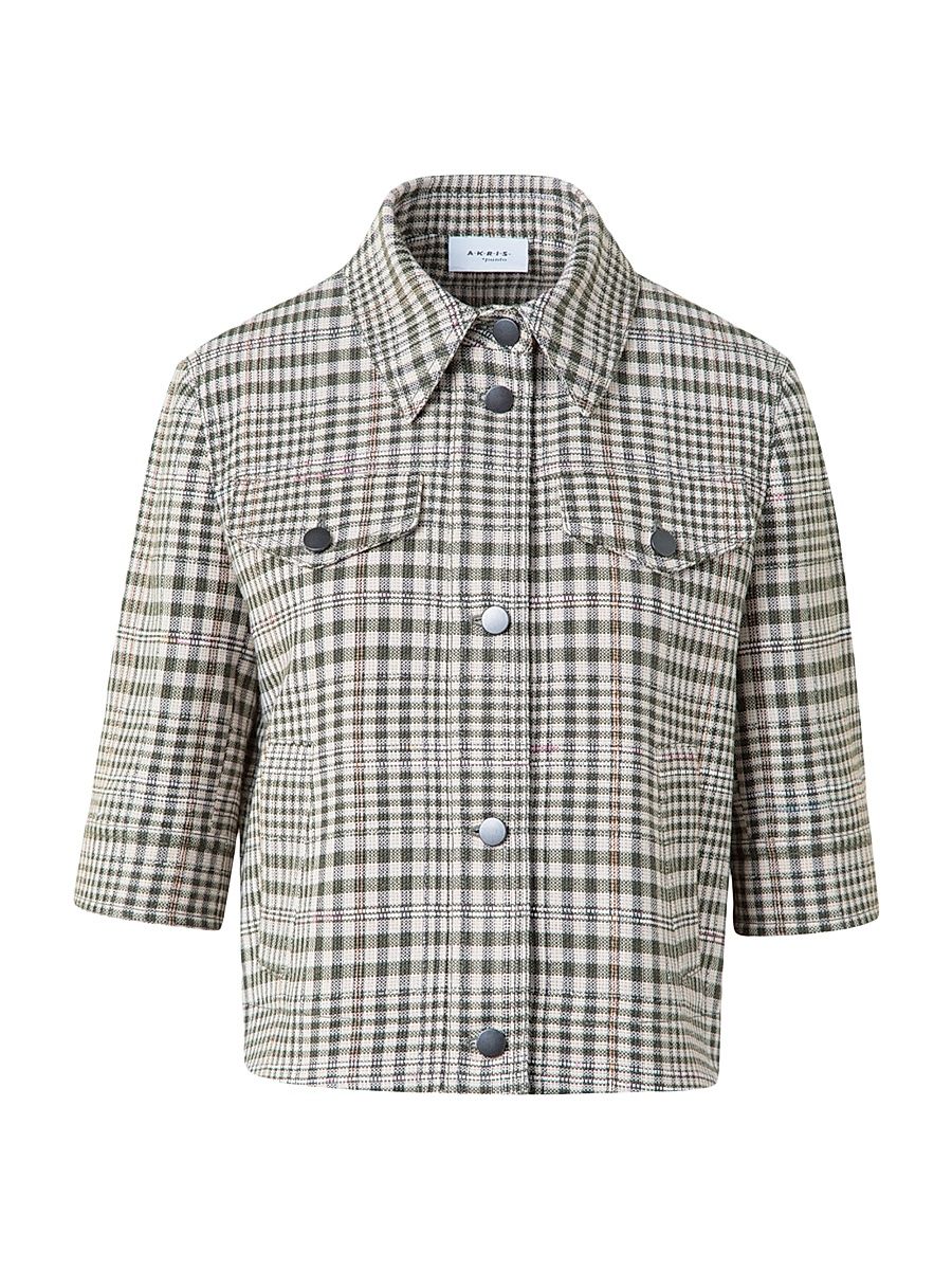 Women's Plaid Cropped Shirt Jacket - Cream Khaki - Size 14