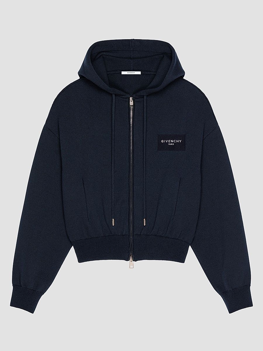Givenchy Women's Zipped Hoodie in Wool and Cotton with Givenchy Paris - Navy - Size XS