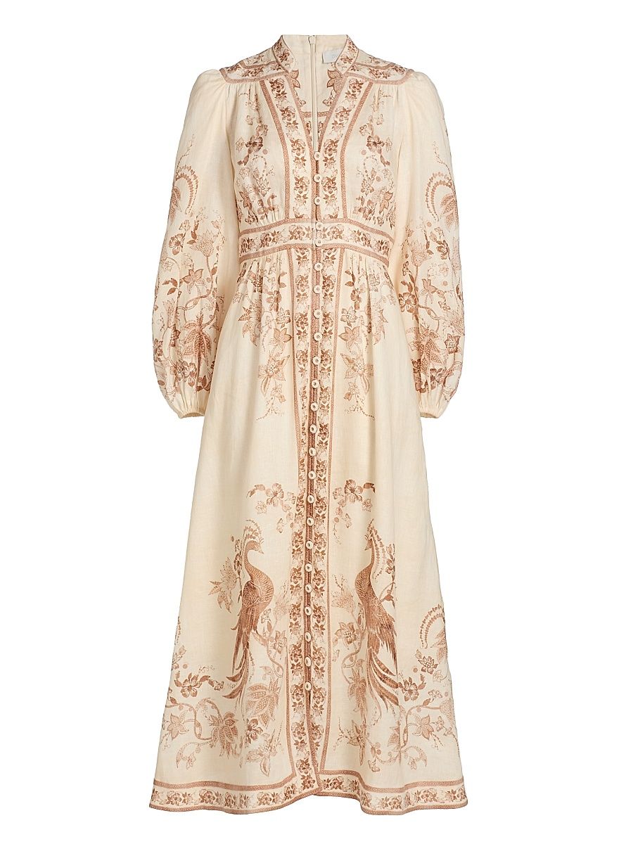 Women's Indra Plunge Linen Midi-Dress - Cream Tan Floral - Size 6