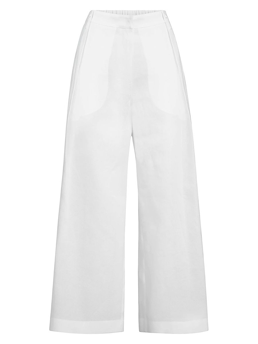 Women's Cotton Pleated A-Line Trousers with Monili - White - Size XXXXL