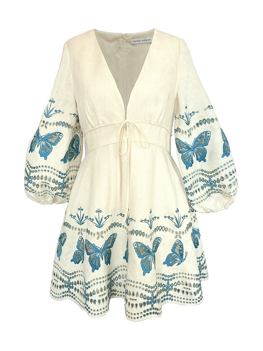 Women's Priscilla Butterfly Linen Minidress - Multi Creme - Size Small