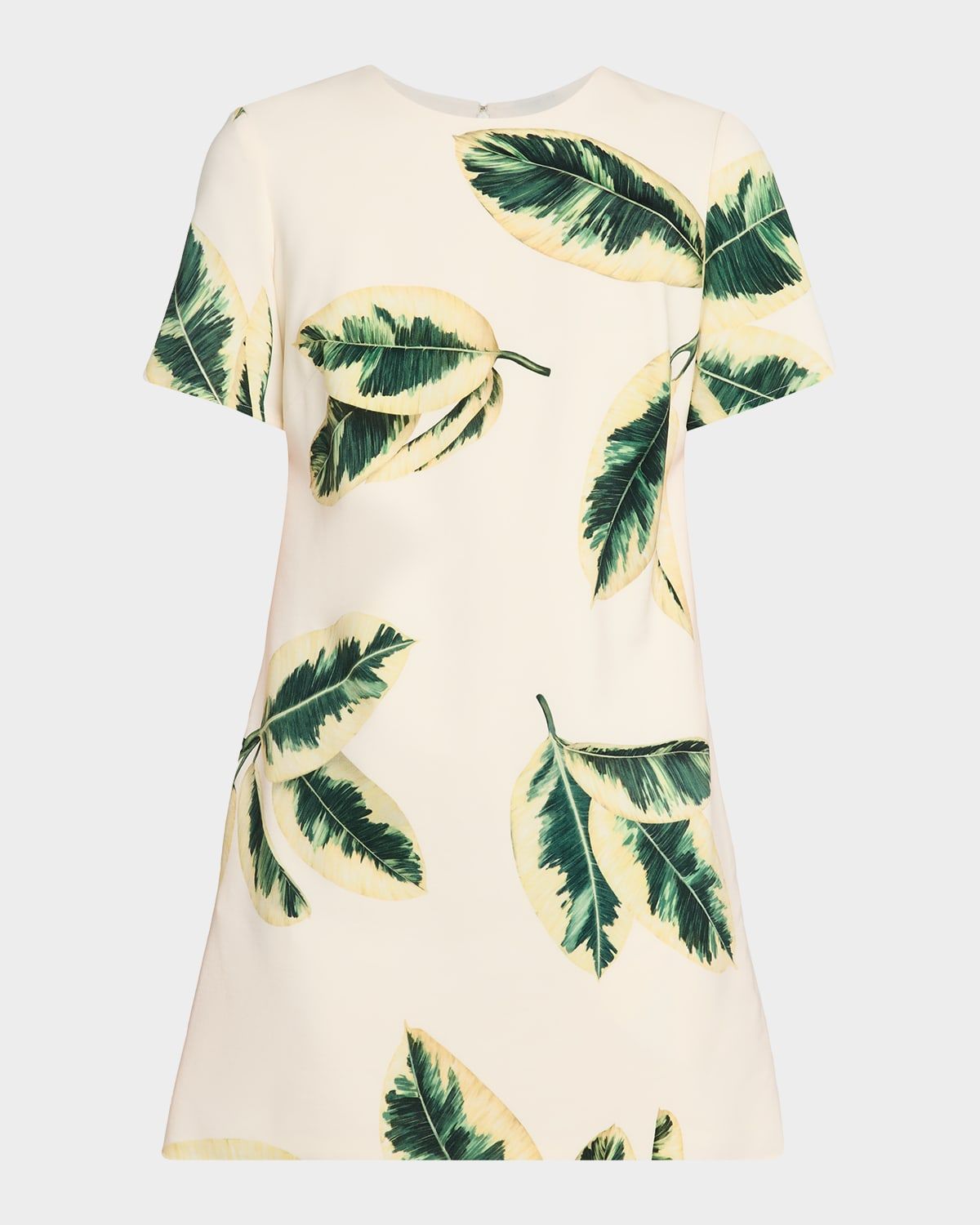 Short-Sleeve Ficus Leaves-Print Mini Shift Dress