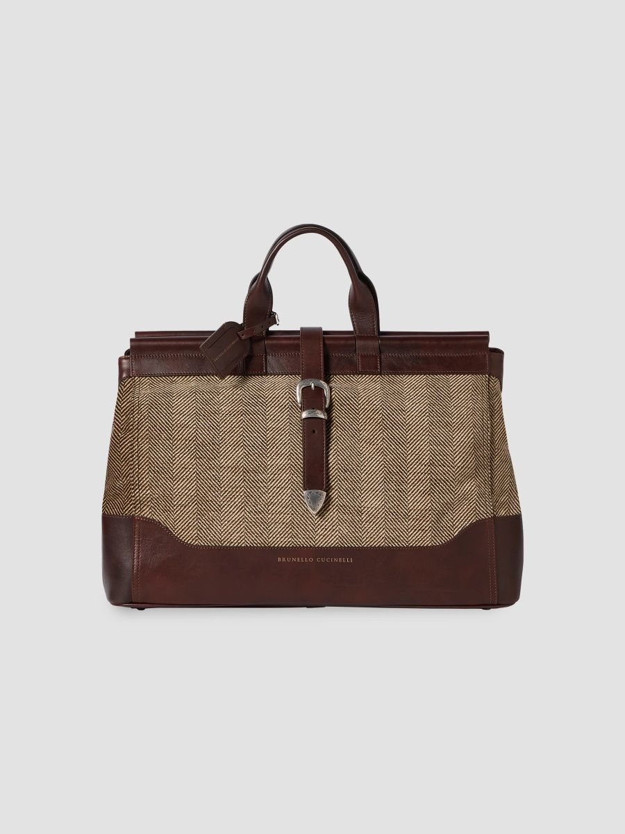 Brunello Cucinelli Men's Burnished Calfskin and Chevron-Effect Techno Fabric Doctor Bag - Brown