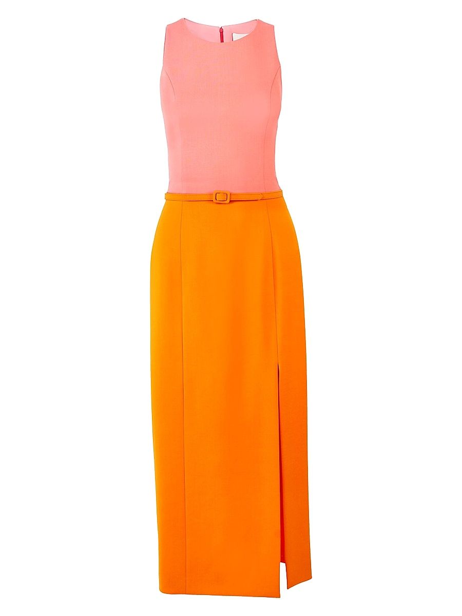 Women's Colorblocked Sleeveless Belted Midi-Dress - Tiger Lily Multi - Size 12