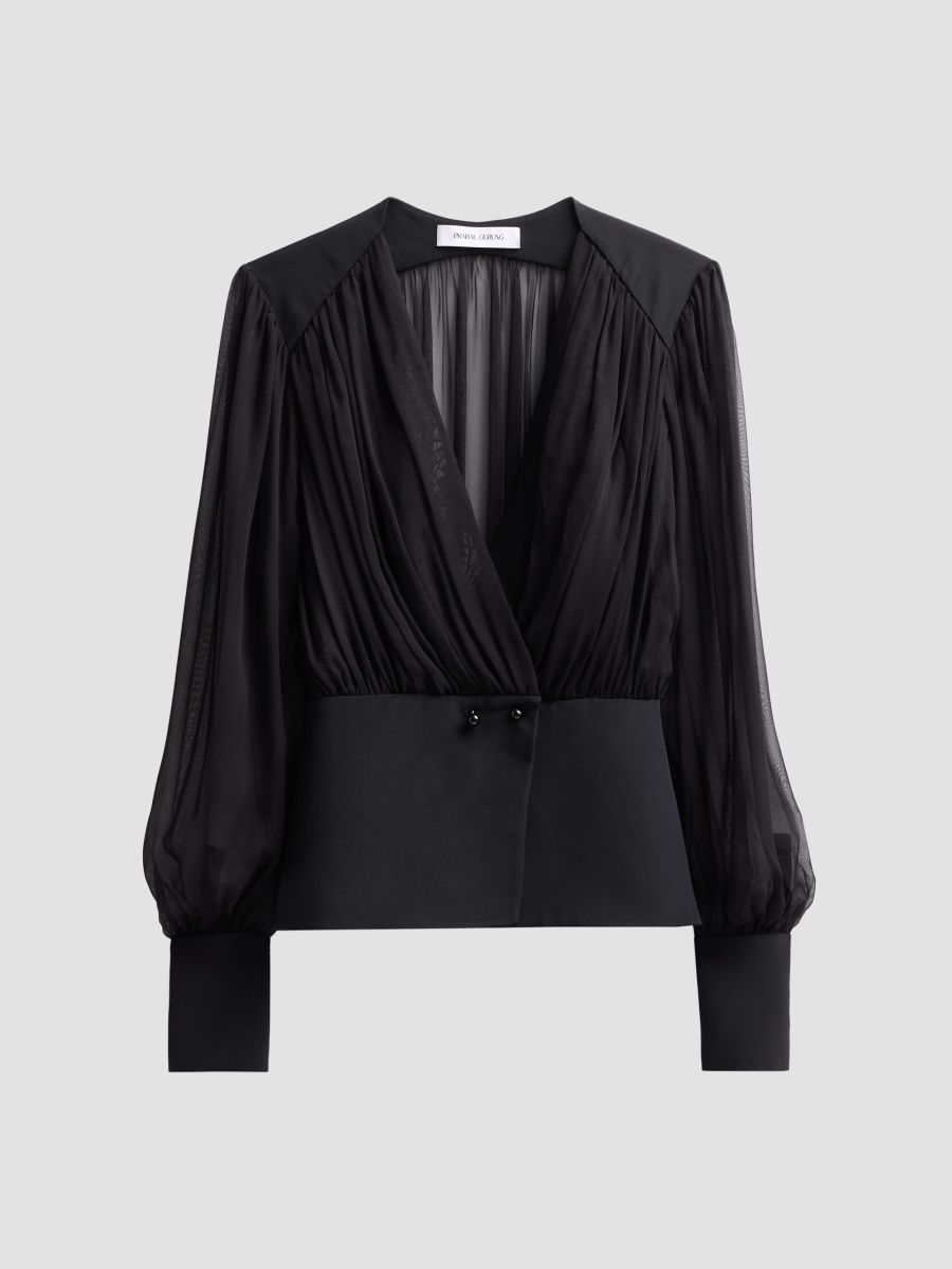 Prabal Gurung Women's Chiffon Silk Ruched Blouse - Black - Size 14