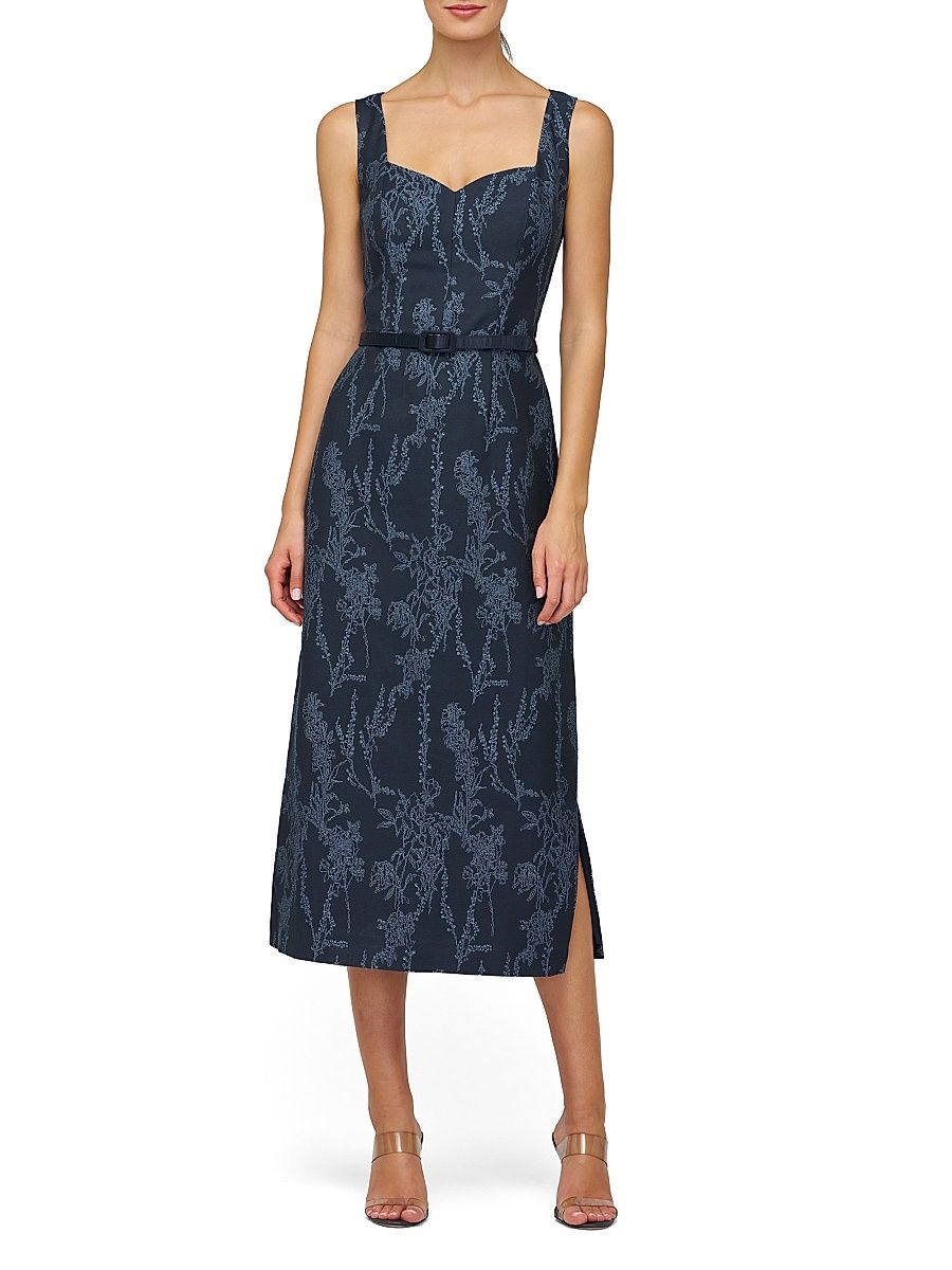 Women's Drew Jacquard Belted Sheath Midi-Dress - Dark Midnight Stone Blue - Size 14