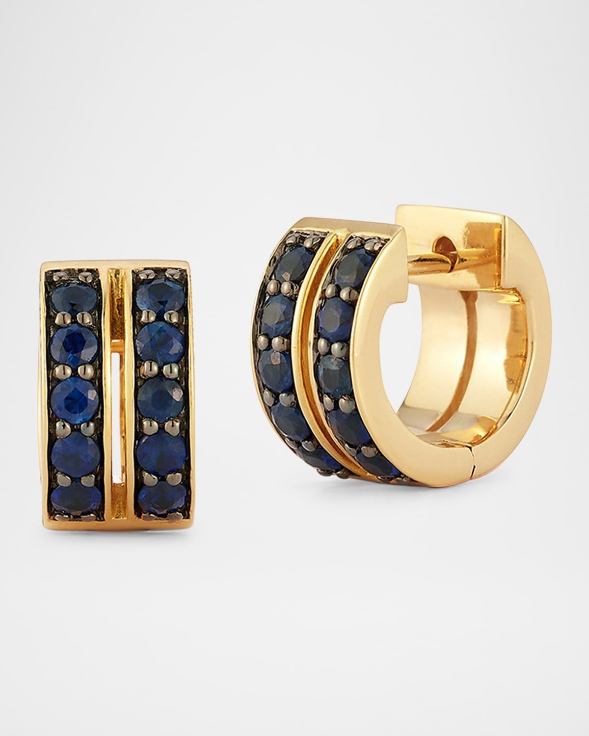 Classic 18K Yellow Gold and Blue Sapphire Double Row Huggie Earrings