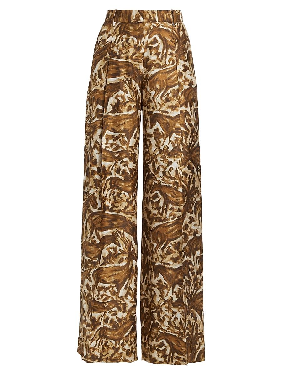 Women's Abstract Horse-Print Silk Straight-Leg Pants - Brown - Size 4