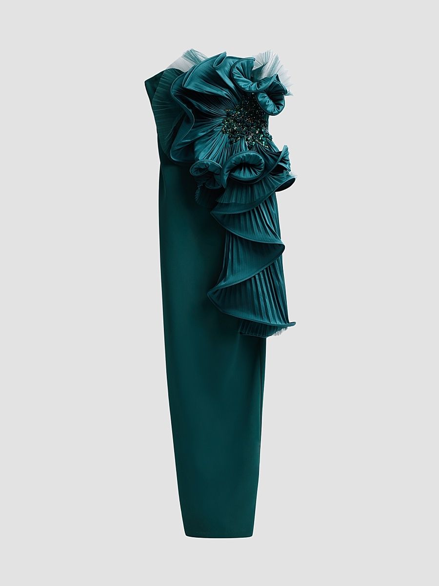 Women's Satin Floral Strapless Column Gown - Pine - Size 16