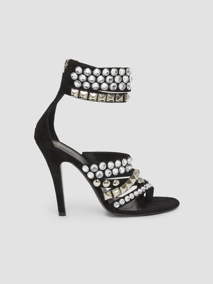 Balmain Women's Studs & Crystals 110MM Suede Heels - Cristal Noir - Size 11