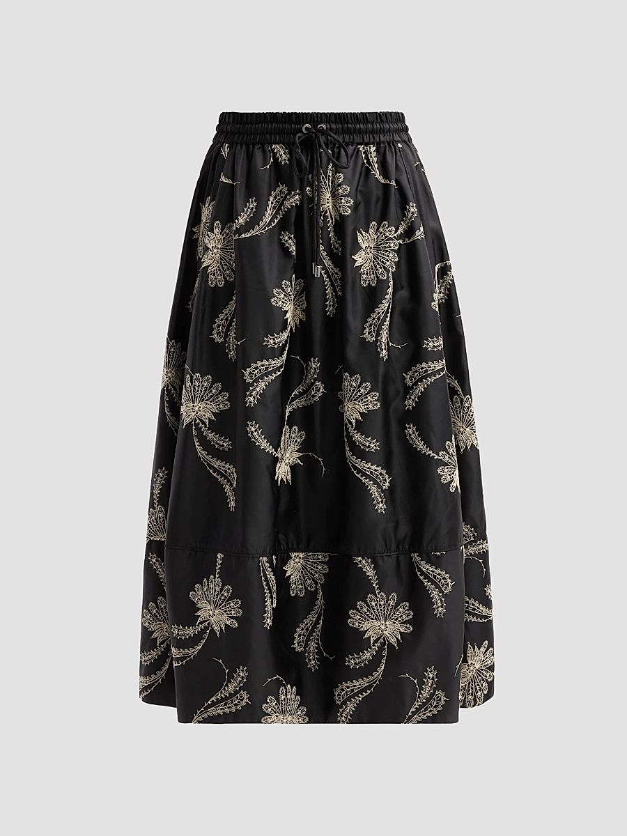 Women's Paisley Fan Embroidered Sirani Skirt - Black Gardenia - Size Large