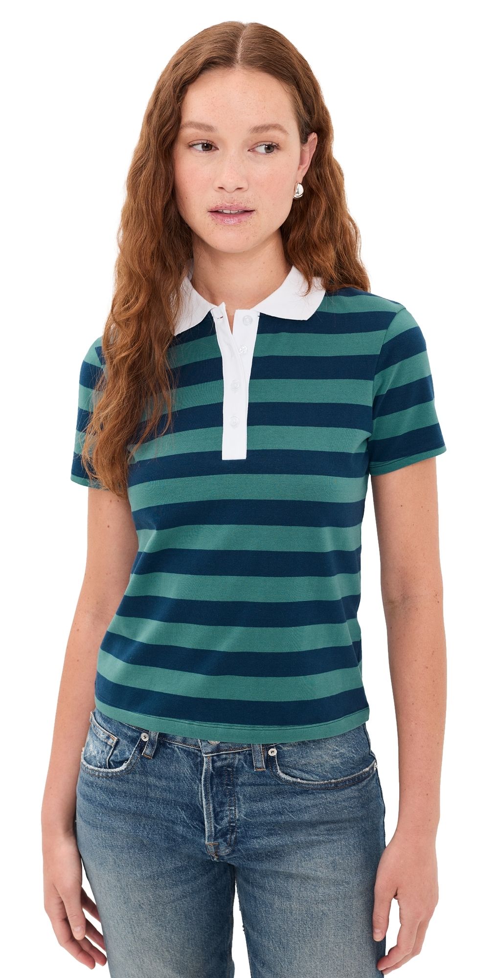 Good American The Easy Polo Summer Stripe Teal M