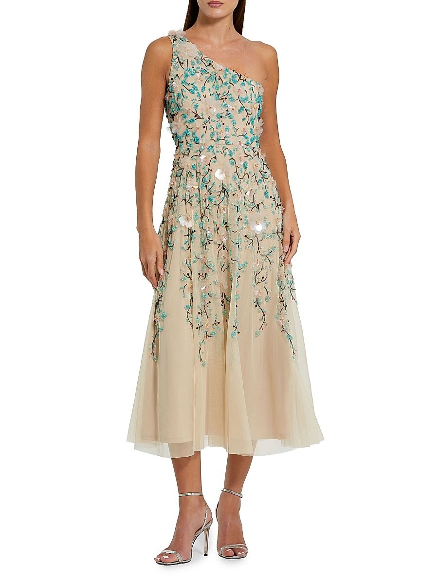 Women's Embellished Floral Mesh One-Shoulder Midi-Dress - Beige Multi - Size 14