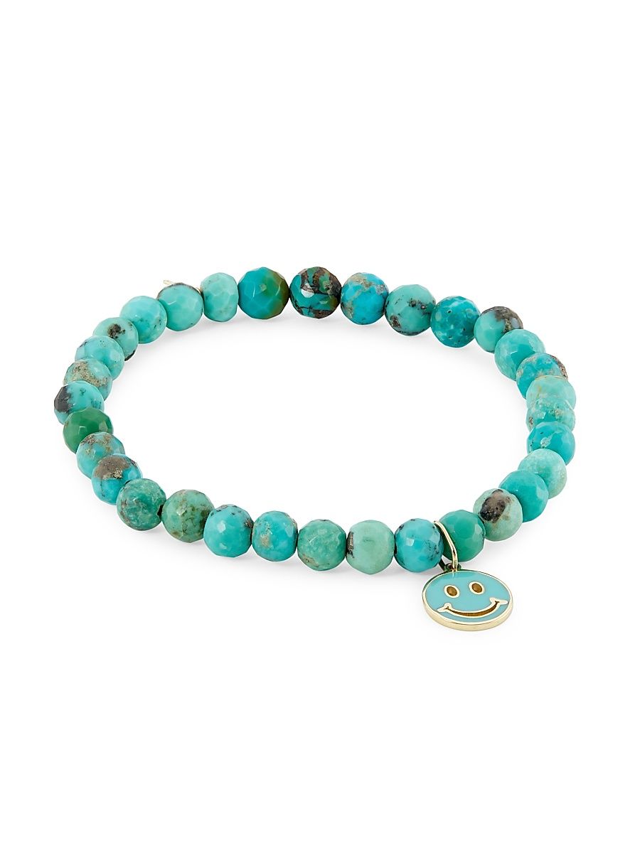 Women's 14K Yellow Gold, Turquoise & Enamel Happy-Face Charm Bracelet