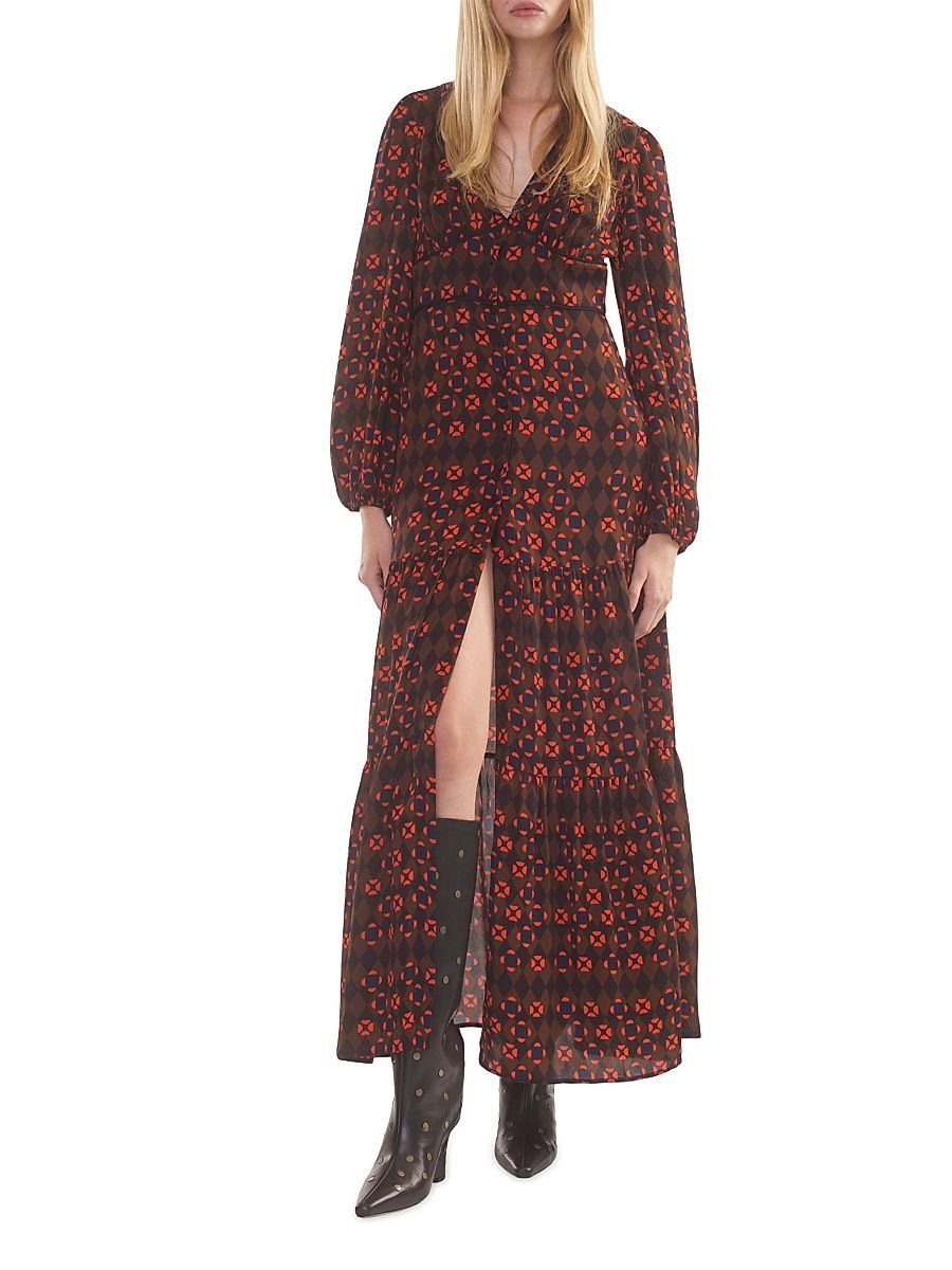 Women's Geometric Georgette Tiered Maxi Dress - Geo Black Red - Size 4