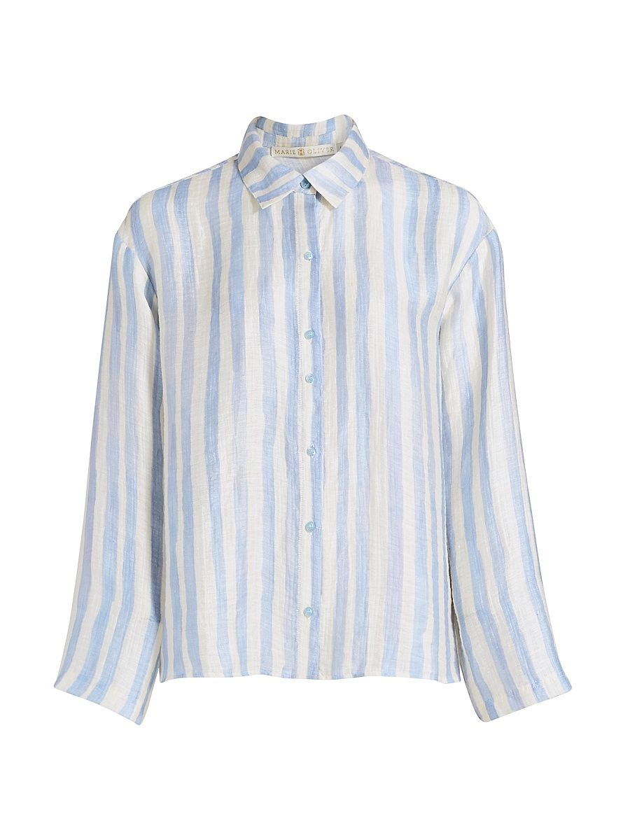 Women's Nico Striped Button-Front Beach Shirt - Agua - Size Medium