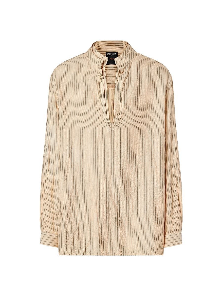 Men's Striped Silk Shirt - Beige Brown - Size 18