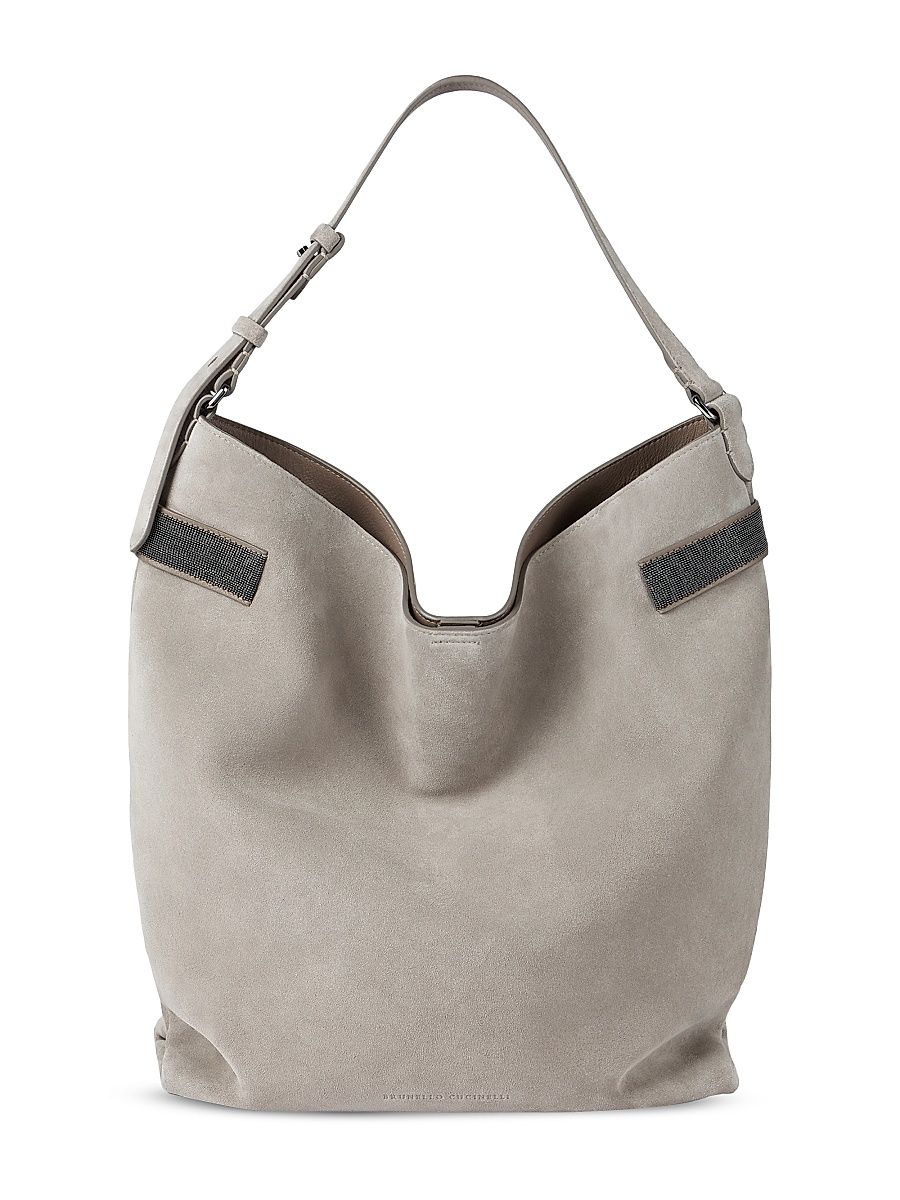 Women's Essence Hobo Bag in Suede with Precious Bands - Light Grey