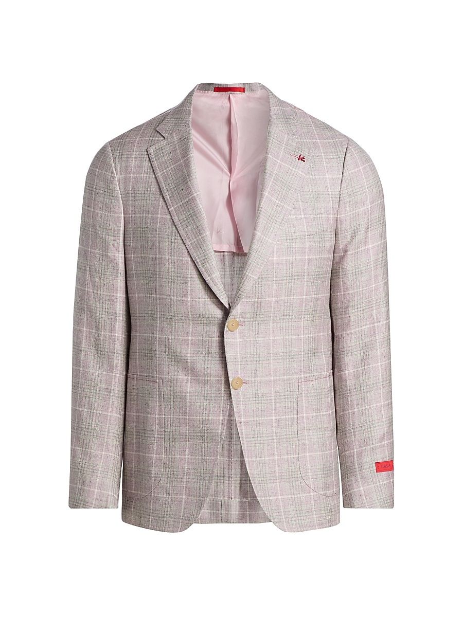 Men's Plaid Wool-Silk-Linen Sport Coat - Light Pink - Size 40