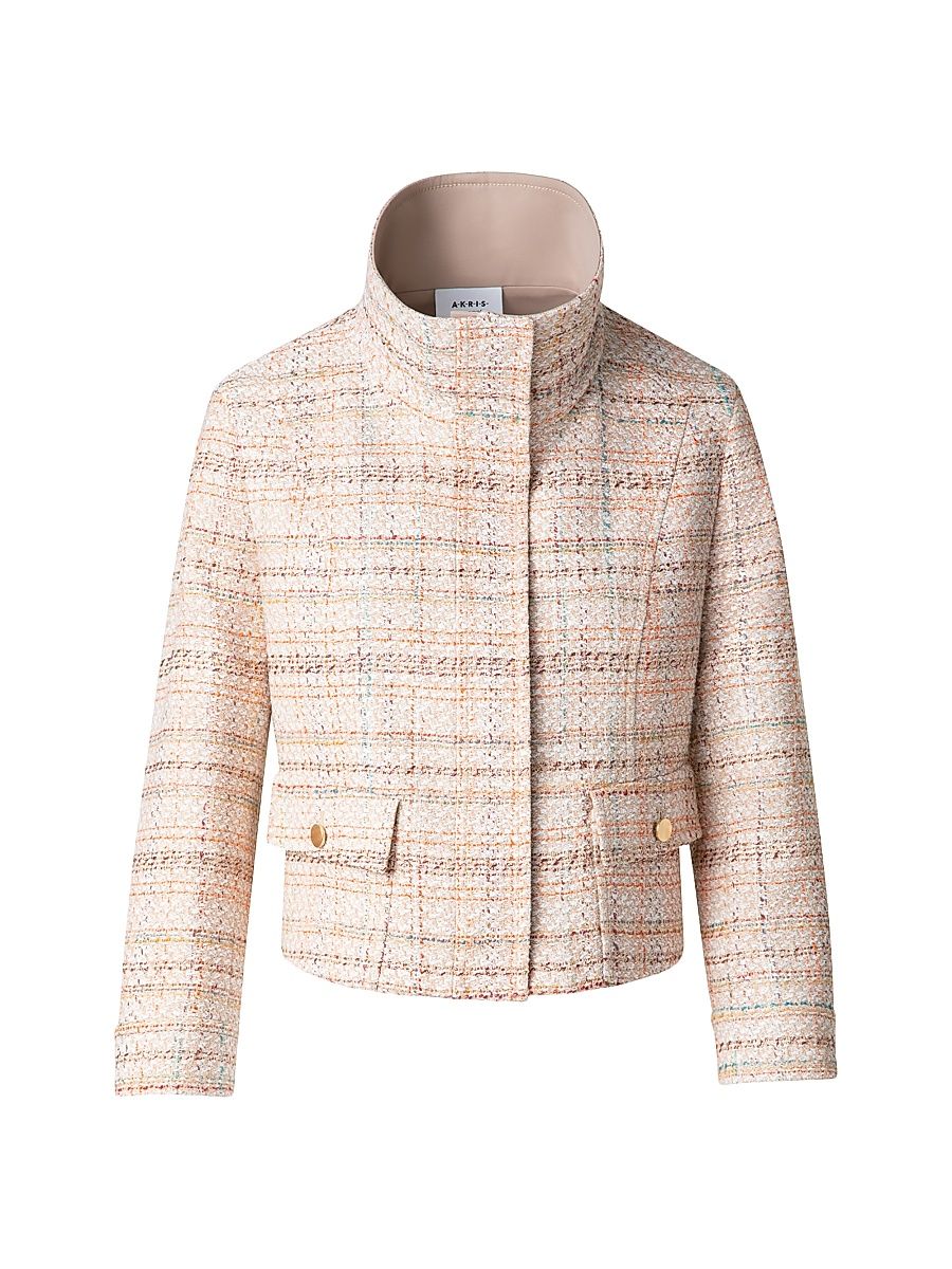 Women's Stand Collar Jacket - Beige Multi Color - Size 14